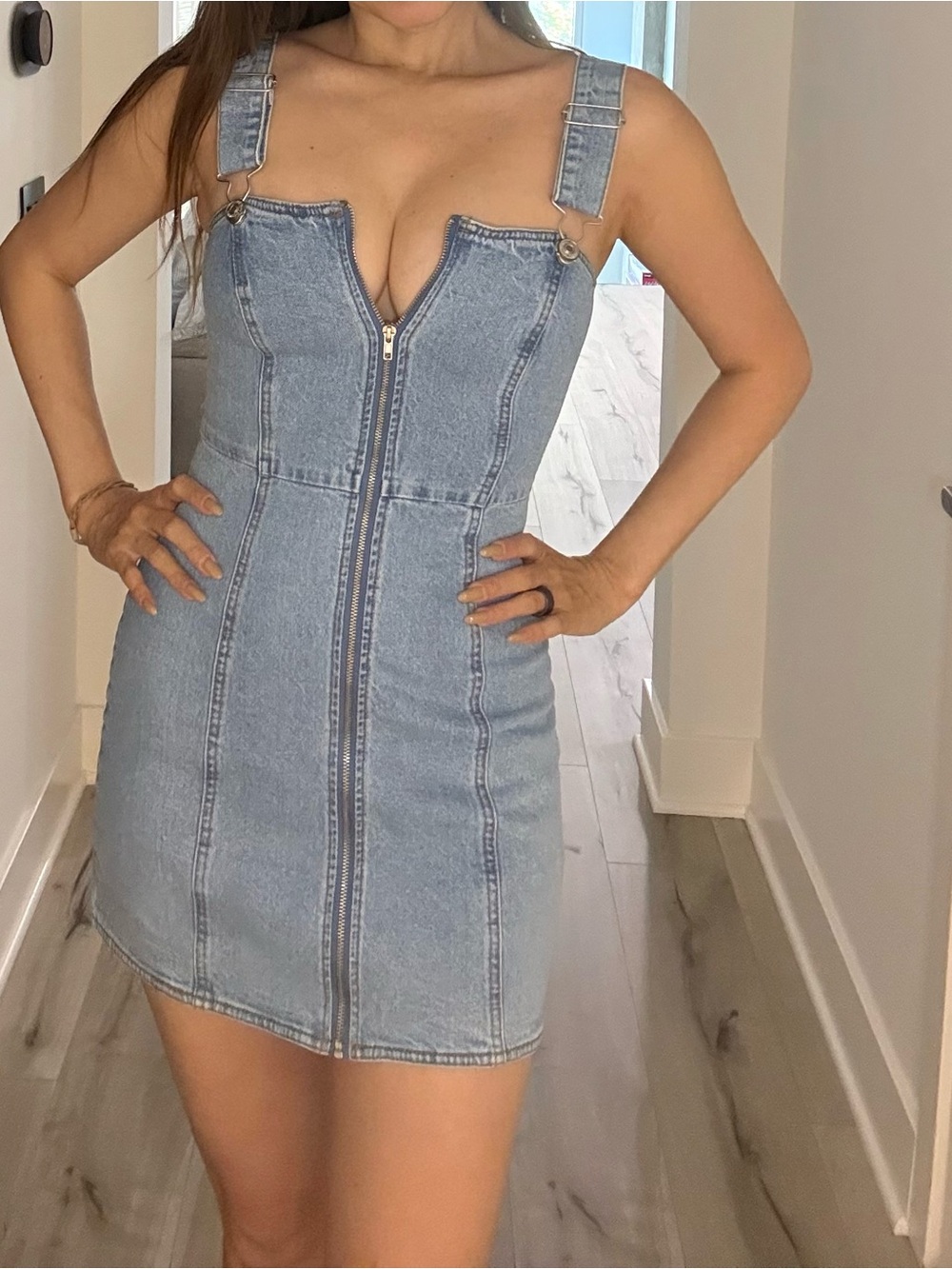 Forever 21 Light Wash Denim Zip-Front Mini Dress S